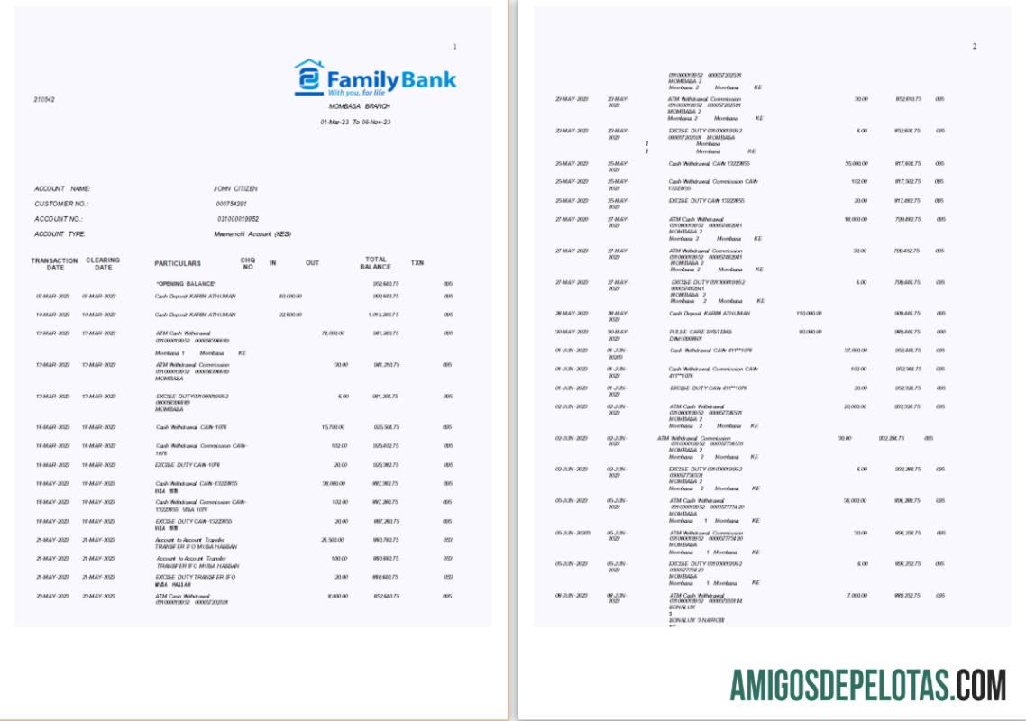 Extrato bancário da família do Quênia para impressão, modelo Word e PDF, 7 páginas